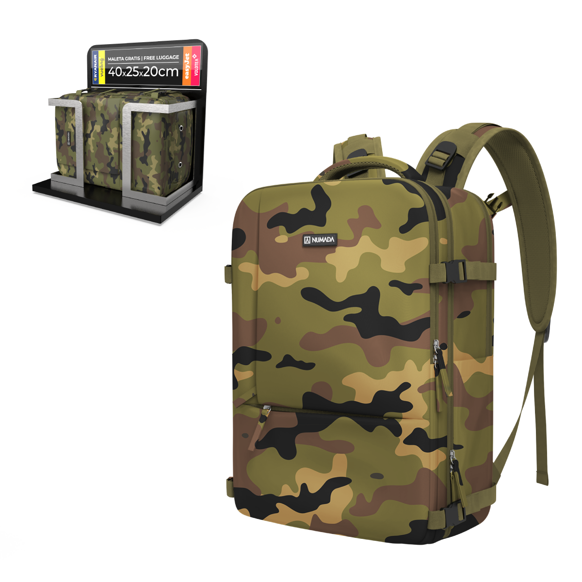 Mochila de viaje cabina 40x25x20cm Numada Explorer B40 Estampado Militar
