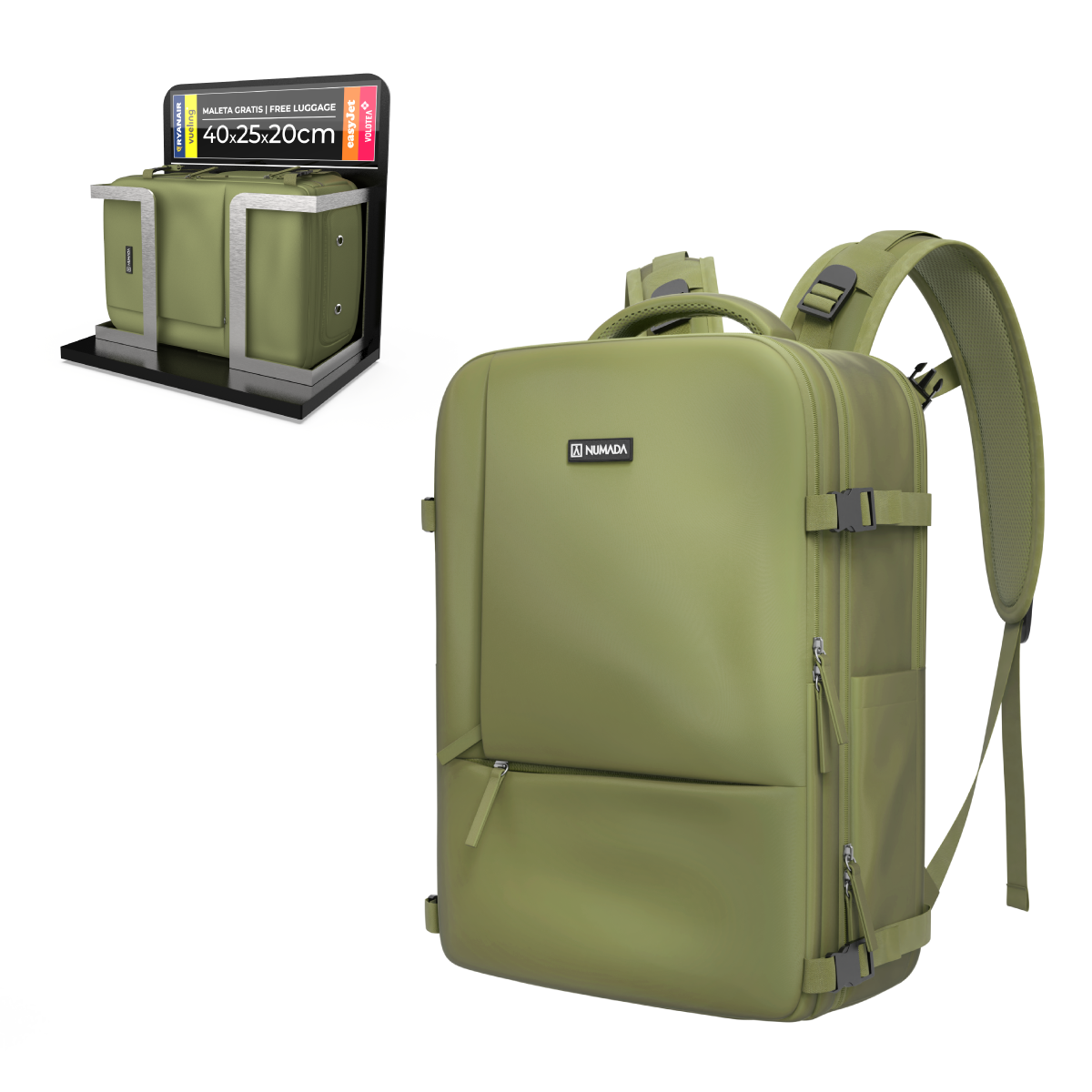 Mochila de viaje cabina 40x25x20cm Numada Explorer B40 Verde Militar