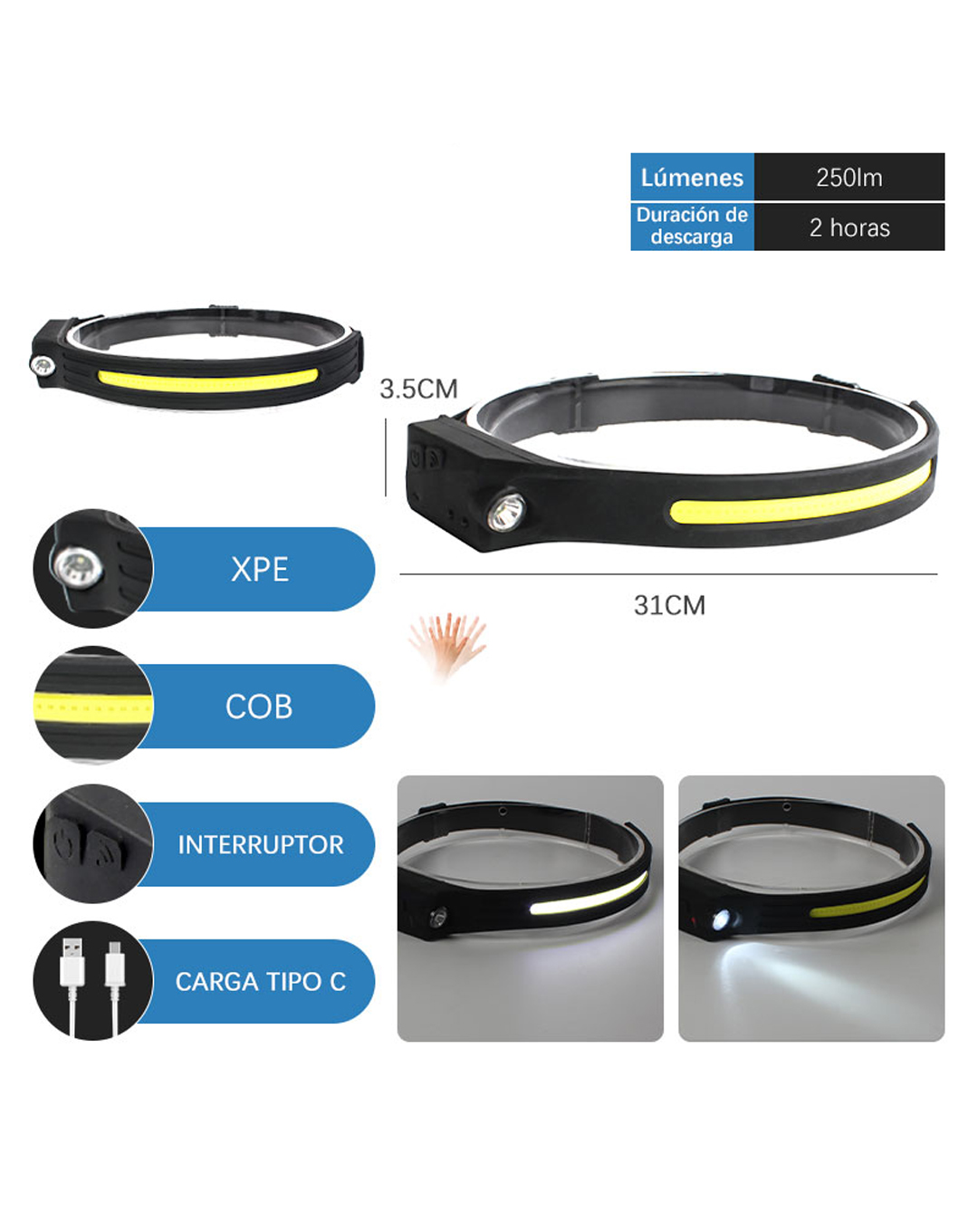 Linterna Frontal Recargable Con Sensor De Movimiento - Imagen 3