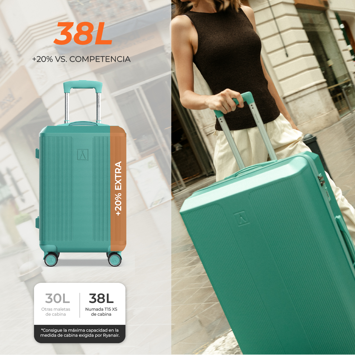 Maleta 13 Kg de cabina 55x40x20 cm Numada Elegance T15 20” (XS) Verde Aguamarina - Imagen 5