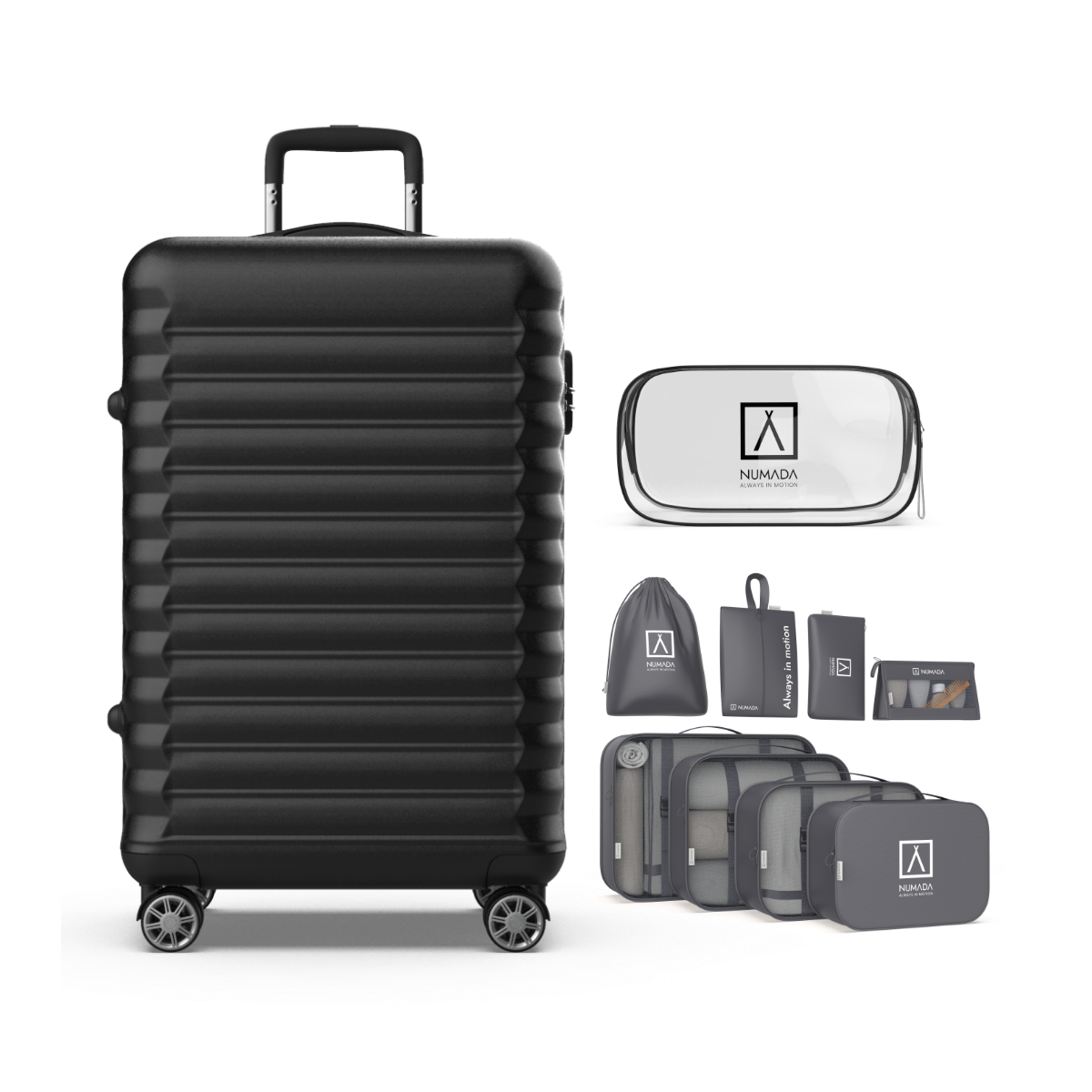 Juego de maletas 3 pzs. (Maleta 63cm negra, Organizador de maletas gris oscuro, Neceser transparente)