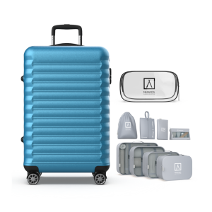 Juego de maletas 3 pzs. (Maleta 63cm Azul eléctrico, Organizador de maletas gris claro, Neceser transparente)