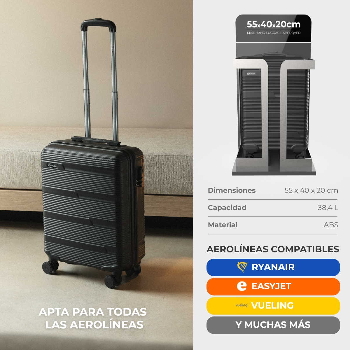 Juego de maletas 2 piezas (Maleta de cabina 55cm+ Neceser Transparente) Numada Upfly T10 Negro - Imagen 4