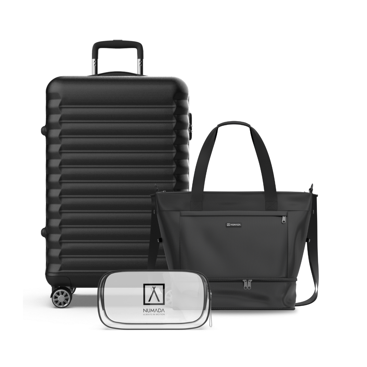 Juego de maletas 3 pzs. (Maleta 63 cm, Bolsa de viaje plegable, Neceser transparente) Negro - Imagen 2