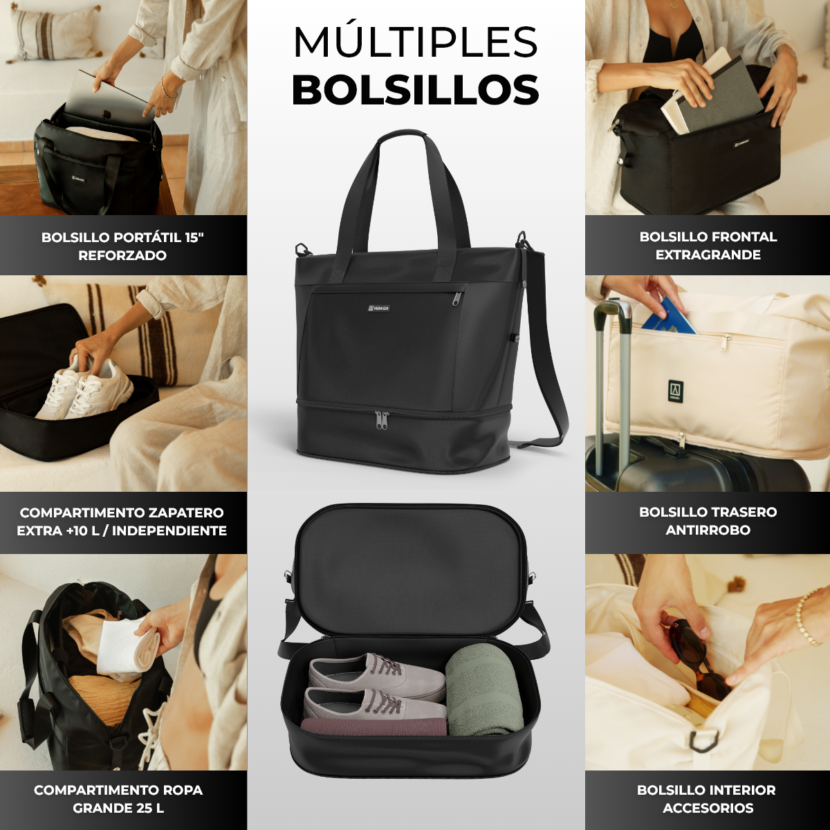 Juego de maletas 3 pzs. (Maleta 63 cm, Bolsa de viaje plegable, Neceser transparente) Negro - Imagen 8