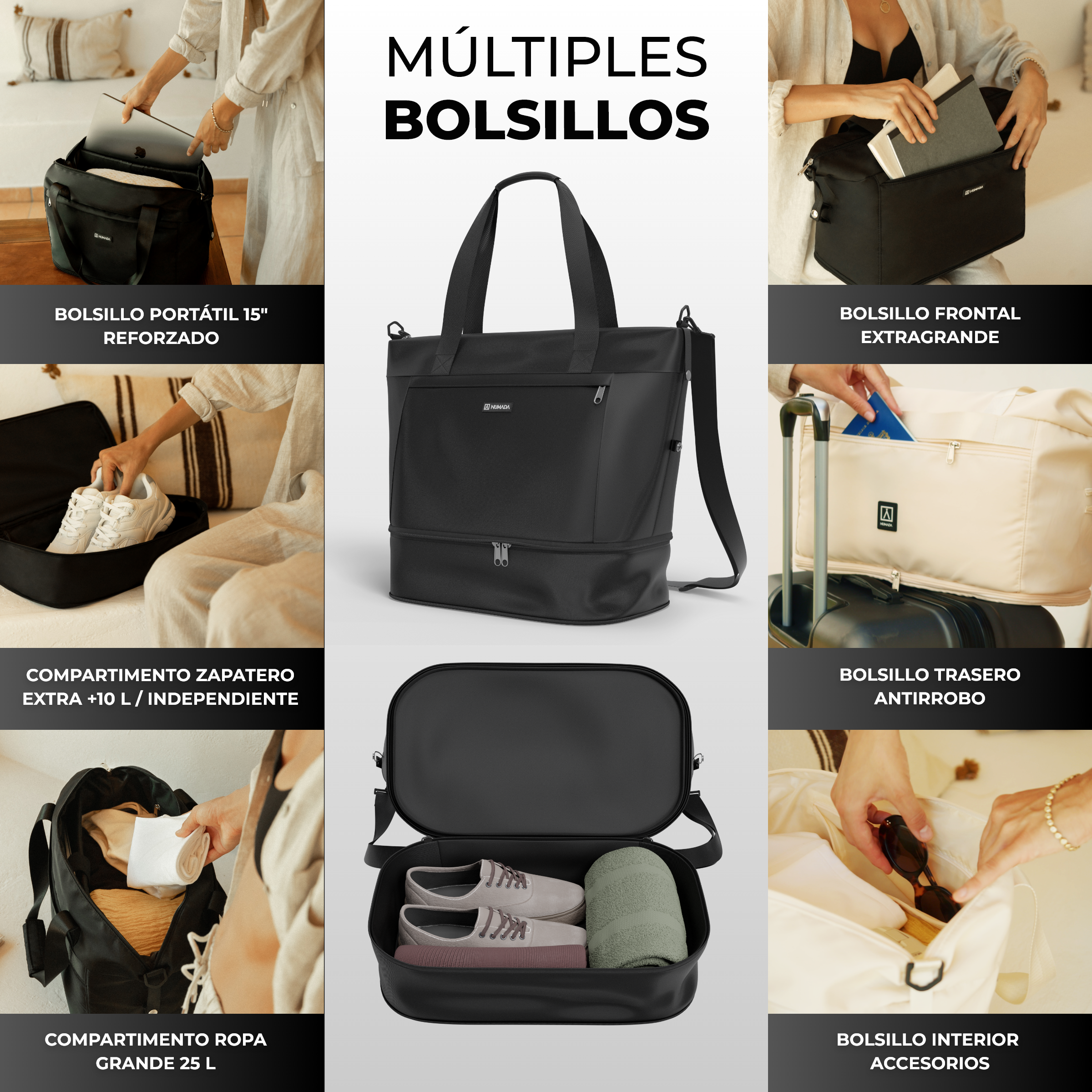 Juego de Maletas 3pzs. (Maleta 63cm, Bolsa de viaje plegable, Neceser 11 L) Negro - Imagen 7